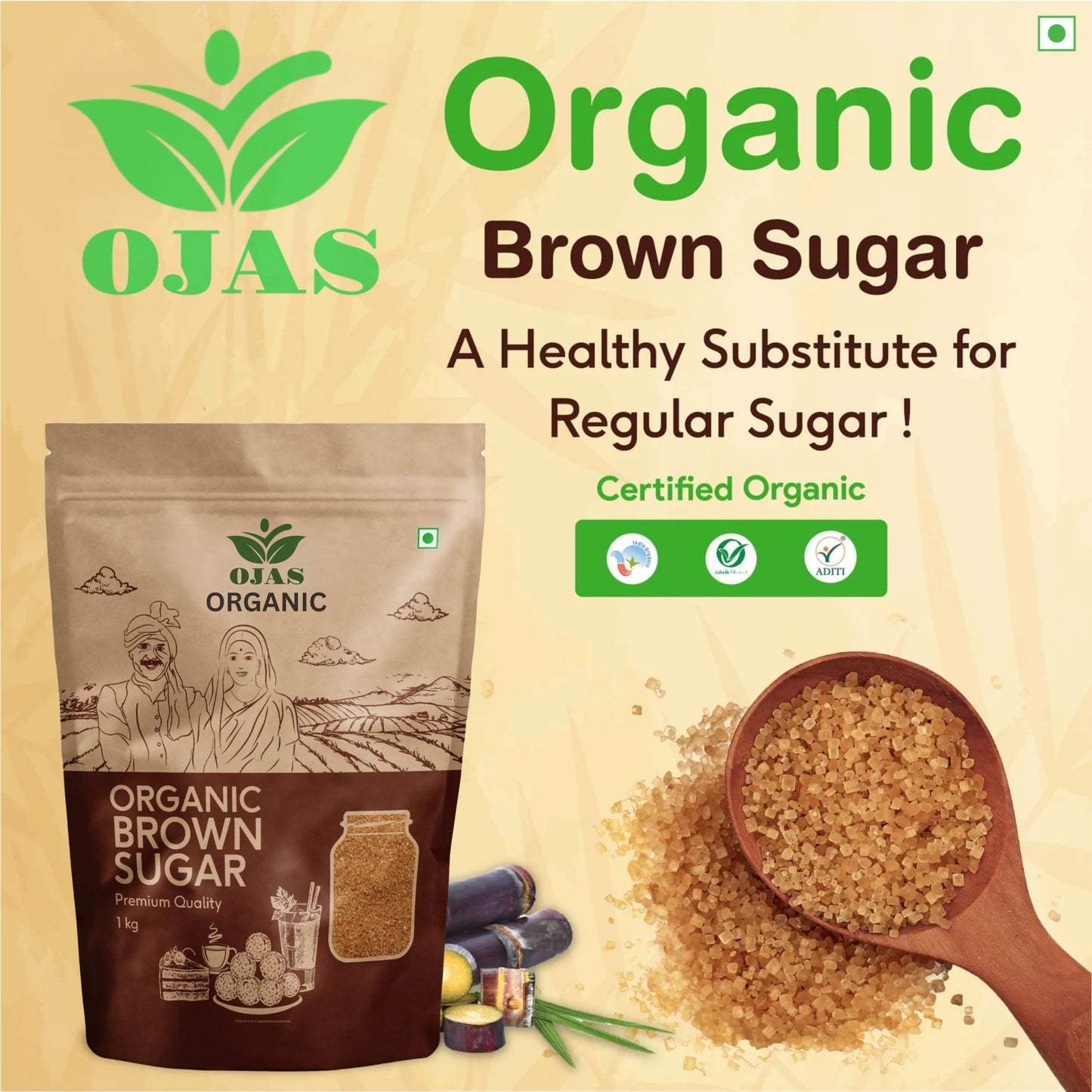 OJAS Organic Brown Sugar - 1kg (Pack of 1) - Natural & Refined Cane Sugar - Prime Quality - Rich in Minerals | Chemical-Free | 1Kg