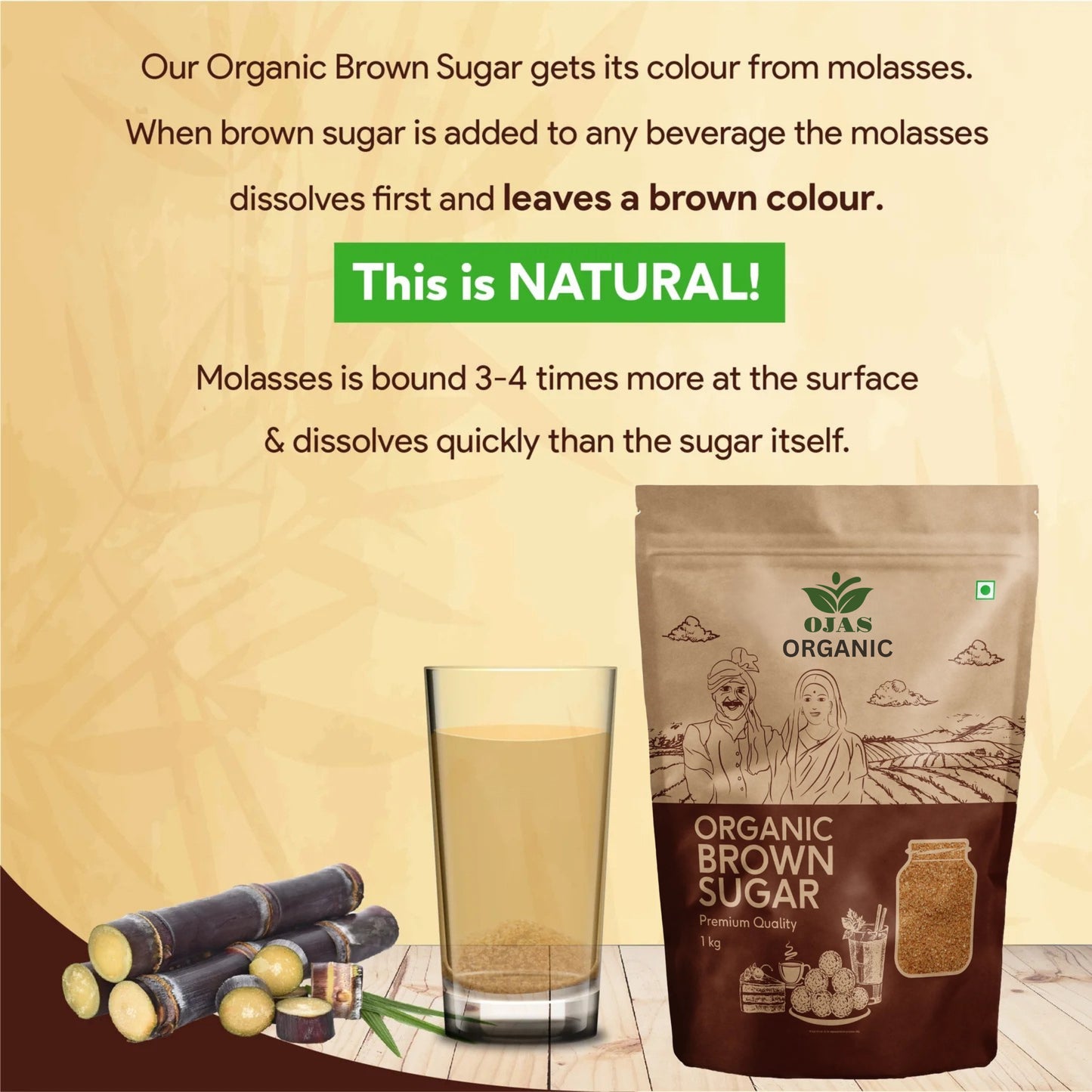 OJAS Organic Brown Sugar - 1kg (Pack of 1) - Natural & Refined Cane Sugar - Prime Quality - Rich in Minerals | Chemical-Free | 1Kg