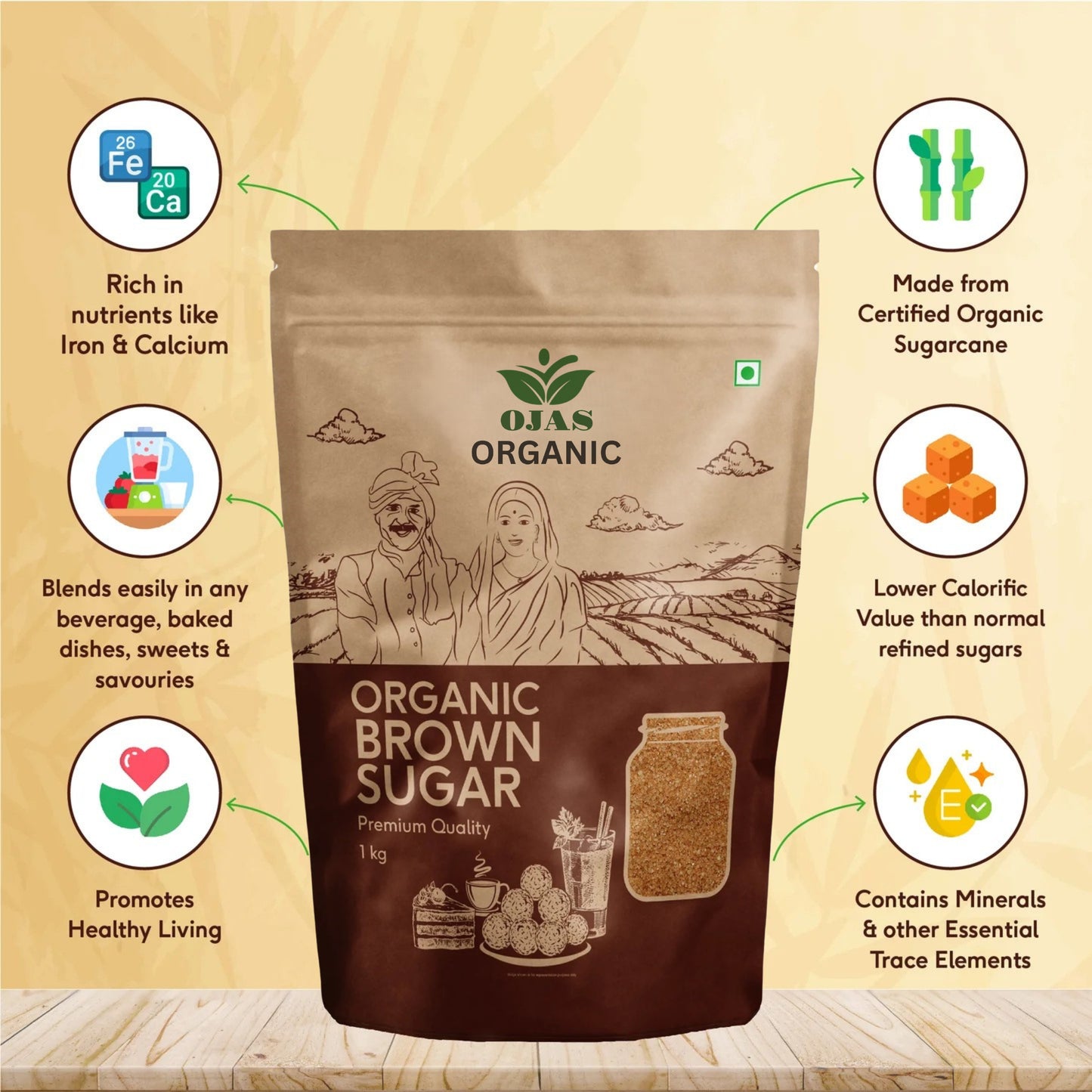 OJAS Organic Brown Sugar - 1kg (Pack of 1) - Natural & Refined Cane Sugar - Prime Quality - Rich in Minerals | Chemical-Free | 1Kg